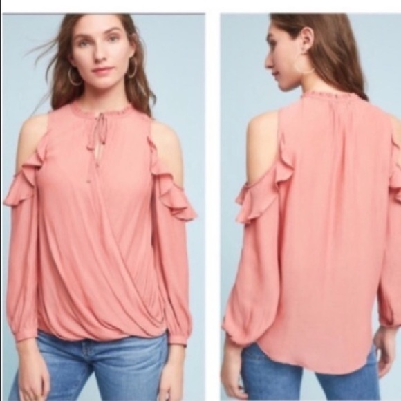 Anthropologie Liesel Maeve Cold Shoulder Ruffle Top blouse faux wrap L‎ orange - Picture 2 of 13